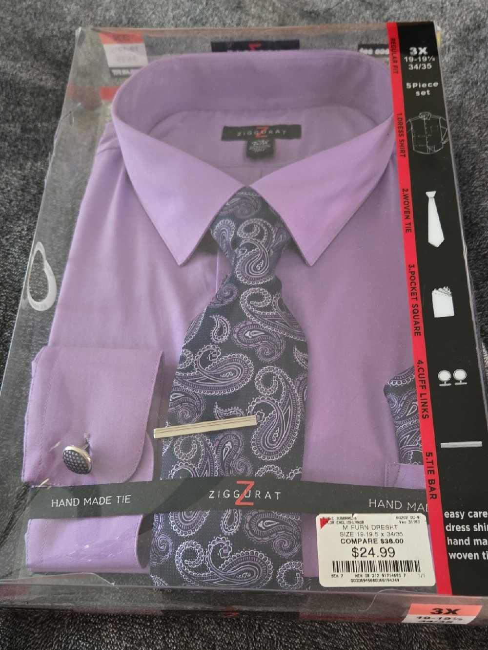 Men's Lavender Dress Shirt with Paisley Tie Set 5 Piece